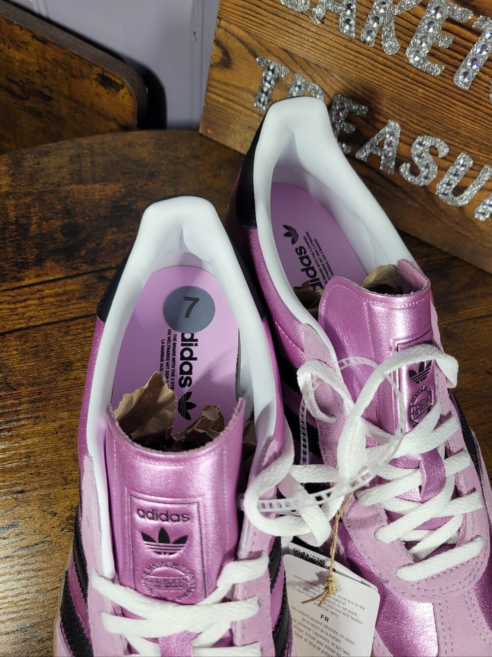Adidas Gazelle Metallic Pink Sneakers with Black Stripes - Picture 8 of 14